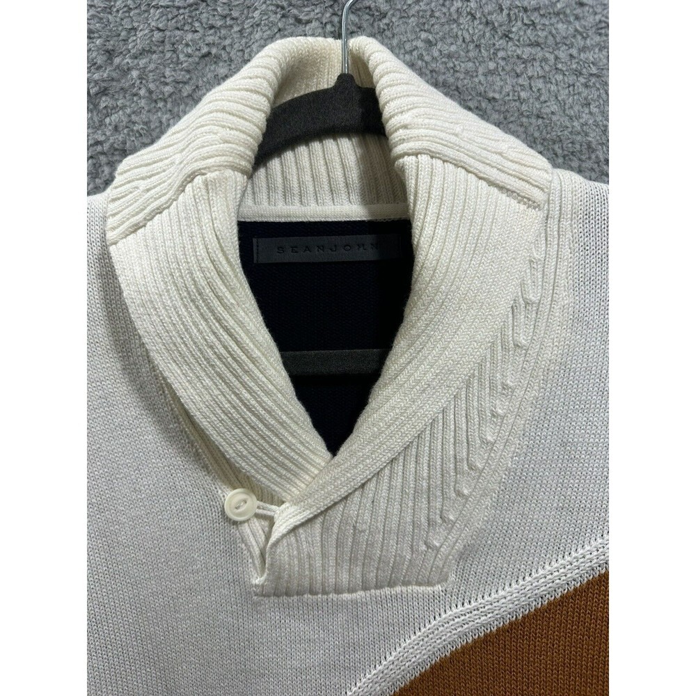 Sean John Mens Ivory/Blue/Brown Color Block Pullover Sweater 1/4 Button Large - Picture 2 of 9